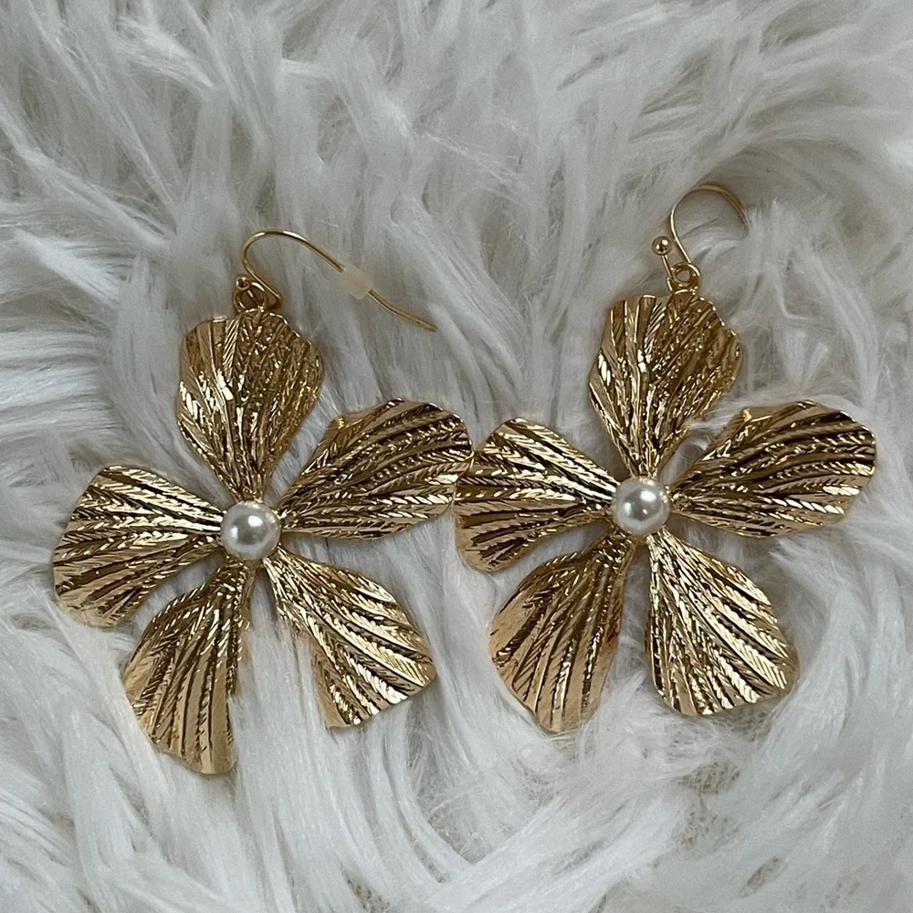 Goldtone Floral Faux Pearl Earrings | Classic Elegance Quiet Luxury - Picture 2 of 15
